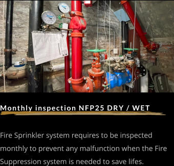 Monthly inspection NFP25 DRY / WET   Fire Sprinkler system requires to be inspected monthly to prevent any malfunction when the Fire Suppression system is needed to save lifes.