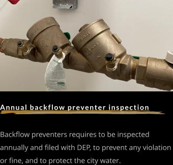 Annual backflow preventer inspection   Backflow preventers requires to be inspected annually and filed with DEP, to prevent any violation or fine, and to protect the city water.